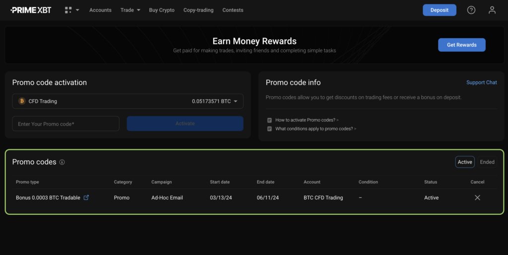 Active promo codes on PrimeXBT.